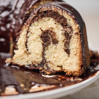 up close cross section of pound cake on a plater