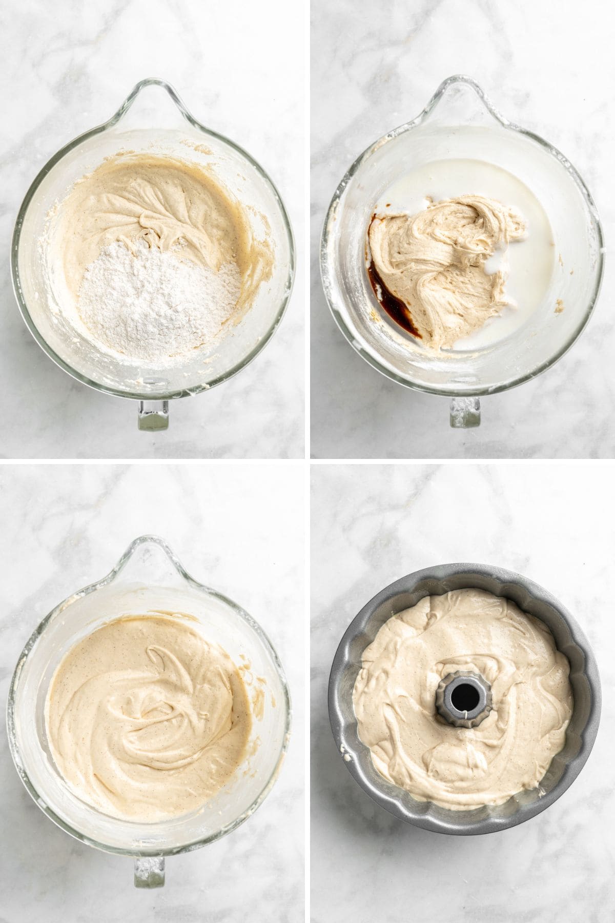 Adding the flour to the cake batter, buttermilk, and then it all mixed together and in a pan.