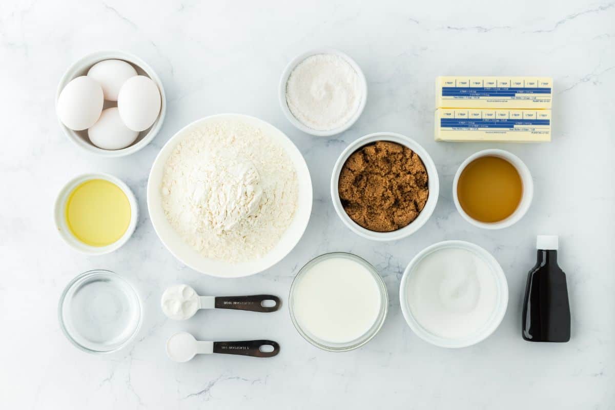 Overhead shot of ingredients to make rum cake on the table before mixing