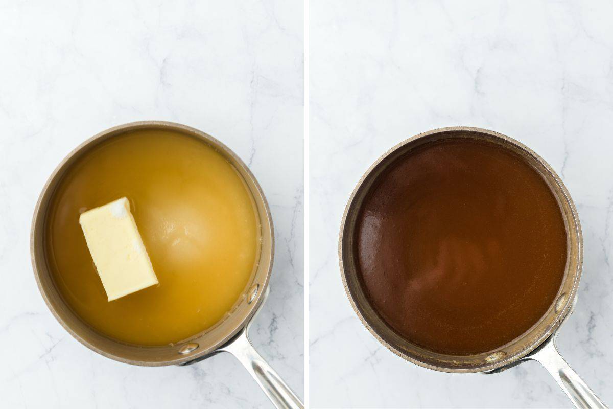 A step by step image collage on how to make rum cake with cooking the rum butter syrup